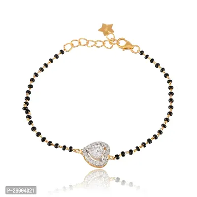 18K Gold Plated 925 Silver Solitaire Heart Cut Zirconia Crystals Gold Plated Black Beads Hand Mangalsutra Bracelet for Women-thumb5