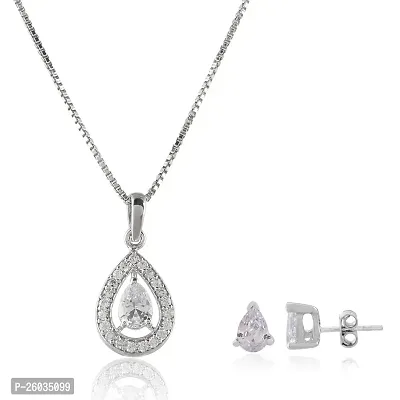 18K White Gold Plated 925 Sterling Silver Zirconia Crystals Pendant, Earrings  Chain Jewelry Set