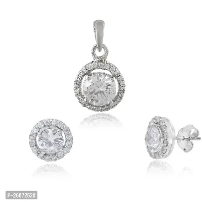 18K White Gold Plated 925 Sterling Silver Zirconia Crystals Round Shape Pendant and Earrings Jewelry Set for Women and Girls-thumb0