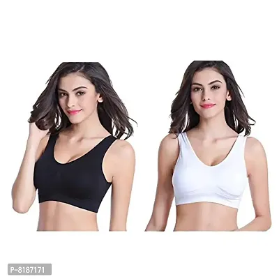 QSN STUFF Women Cotton Sports Bra (White  Black, Size Fit 28, Set of 2 Pieces)