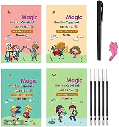Magic Practice Copy Book for Pre-School Kids, Re-Usable Drawing, Alphabet, Numbers and Math Exercise Notebook, English Magic Book for Children (4 x Books,5 x Refill,1 x Pen,1 x Grip)-thumb0