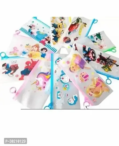 Pack of 12 Transparent Cartoon Stationery Zip Pouch for Pen Pencil and Multi Utility