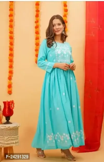 Stunning Turquoise Cotton Embroidered Anarkali Kurta For Women-thumb0