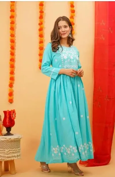 Stunning Turquoise Cotton Embroidered Anarkali Kurta For Women