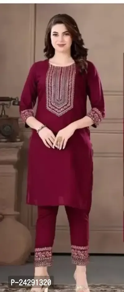 Stunning Maroon Cotton Embroidered Kurta with Pant Set For Women-thumb0