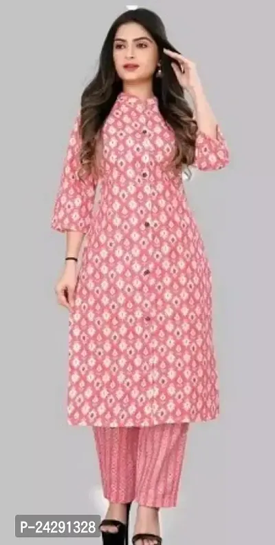 Stunning Pink Cotton Printed Kurta with Pant Set For Women-thumb0