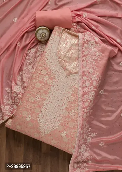 Elegant Pink Cotton Embroidered Dress Material with Dupatta For Women-thumb0