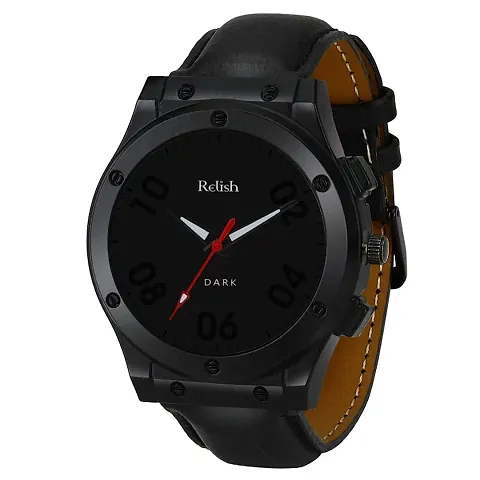 Relish Men's Black Stainless Steel Case Leather Strap Analog Display Quartz Watch | Dark Series (Black Leather Strap)