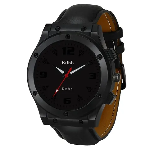 Relish Men's Black Stainless Steel Case Leather Strap Analog Display Quartz Watch | Dark Series (Black Leather Strap)