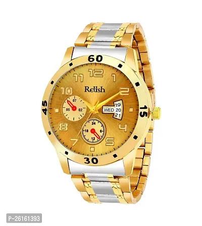 Relish PREMIUM Party Wear - Dual Tone Golden  Silver Chain, Day  Date Analog Watch - For Men-thumb0