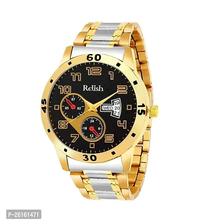 Relish PREMIUM Party Wear - Dual Tone Golden  Silver Chain, Day  Date Analog Watch - For Men-thumb0