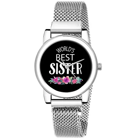 Relish World's Best Sister Dail, Silver Magnetic Mesh Strap Analog Watch for Girls & Women | Rakhi Gift for Sister | Diwali Gift (RE-L2012B)