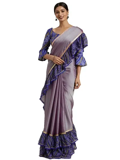 Women's Satin Ruffle Border Saree With Blouse Piece