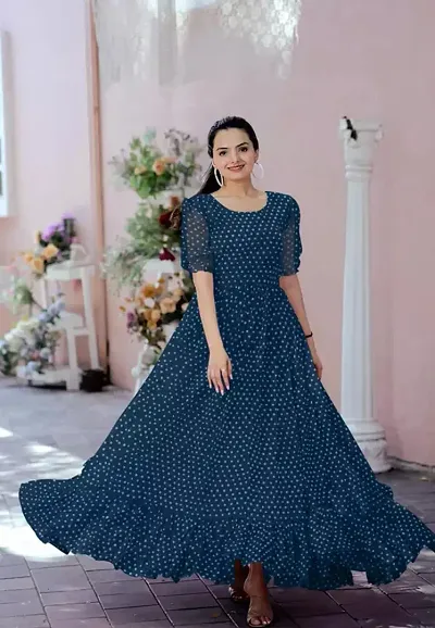 Stylish Georgette Polka Dot Printed Ethnic Gown