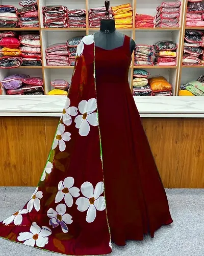 Stylish Georgette Printed Ethnic Gown with Dupatta