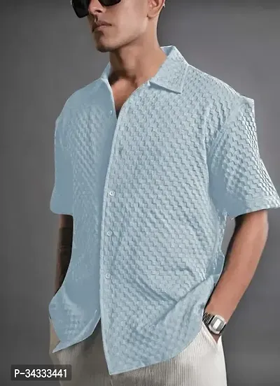 Sky Blue Texured Regular Fit Half Sleeve Shirt