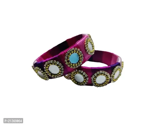 Smita's Creations Silk Thread Designer Bangles with Rhinestone, beadchain, mirror Plastic material (Purple  Pink)