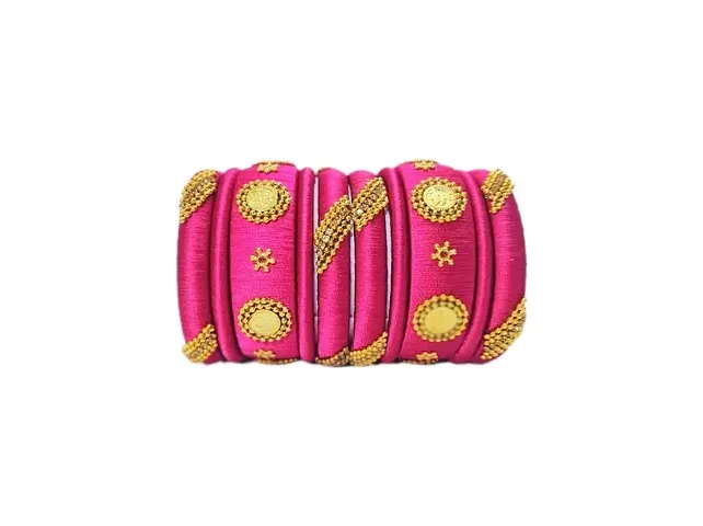 Smita's Creations Silk Thread Designer Bangles Rhinestone, beadchain, lakshmi coin Plastic (Rani Pink)