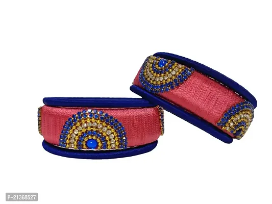 Smita's Creations Silk Thread Designer Bangles with rhinestone,beadchain Plastic material (Tomato pink  Blue)