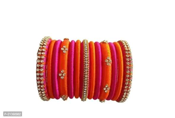 Smita's Creations Silk Thread Designer Bangles with rhinestone Plastic material (Orange  pink, 2-6)