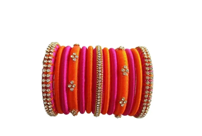 Smita's Creations Silk Thread Designer Bangles with rhinestone Plastic material (Orange pink)