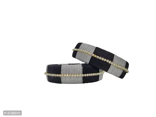 Smita's Creations Silk Thread Designer Bangles with rhinestone Plastic material (Black and Gray)