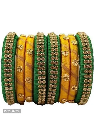 Smita's Creations Silk Thread Designer Bangles with rhinestone Plastic material (green yellow)