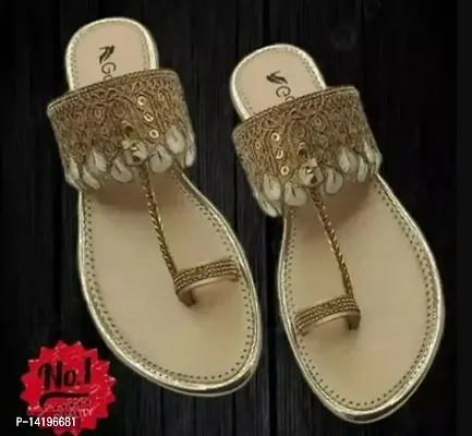Stylish Fancy Synthetic Leather Embroidery Flat Golden-thumb0