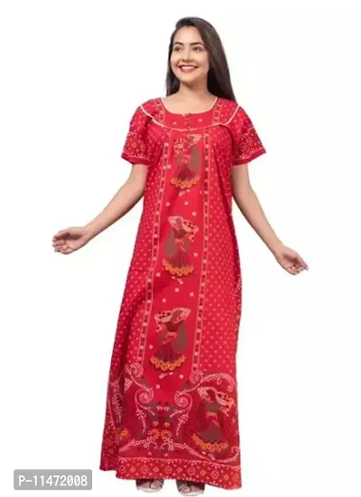 Elegant Red Cotton Printed Nighty For Women