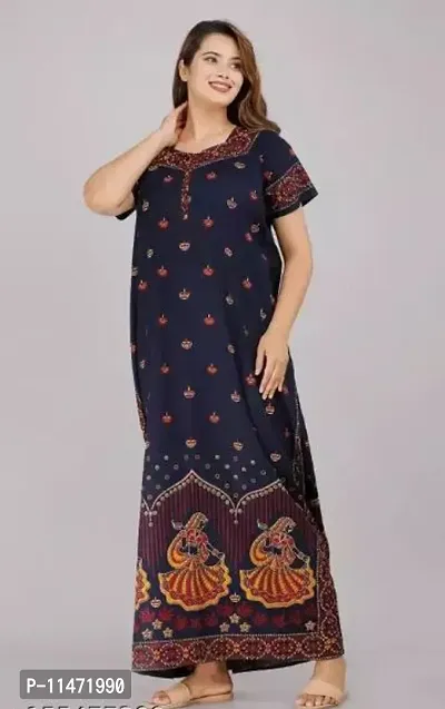 Elegant Navy Blue Cotton Printed Nighty For Women-thumb0