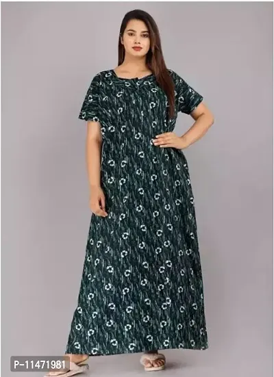 Elegant Dark Green Cotton Printed Nighty For Women