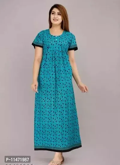 Elegant Blue Cotton Printed Nighty For Women-thumb0