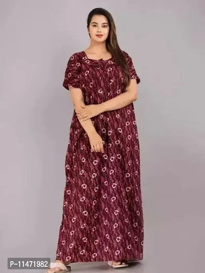 Elegant Maroon Cotton Printed Nighty For Women