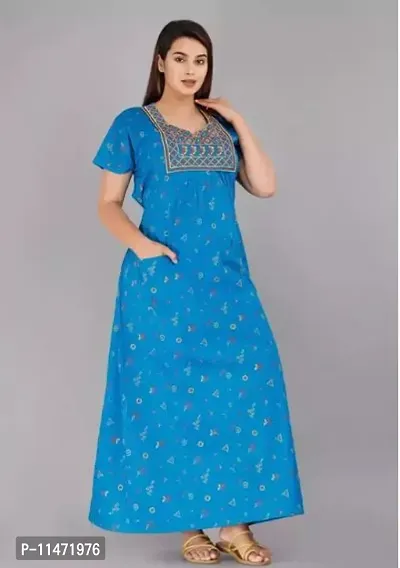 Elegant Blue Cotton Printed Nighty For Women-thumb0