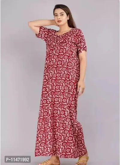 Elegant Red Cotton Printed Nighty For Women