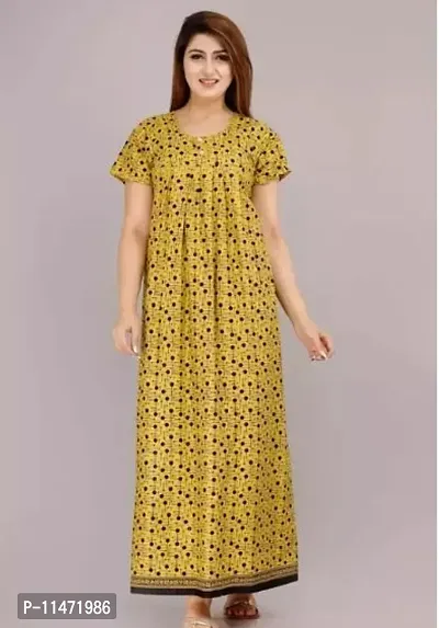 Elegant Yellow Cotton Printed Nighty For Women