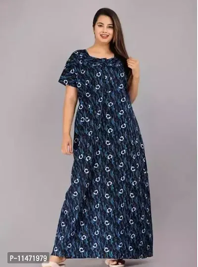 Elegant Navy Blue Cotton Printed Nighty For Women