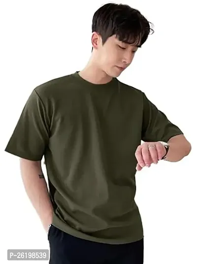 Reliable Olive Cotton Solid Round Neck Tees For Men-thumb0