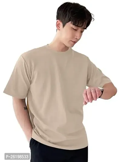 Reliable Beige Cotton Solid Round Neck Tees For Men-thumb0