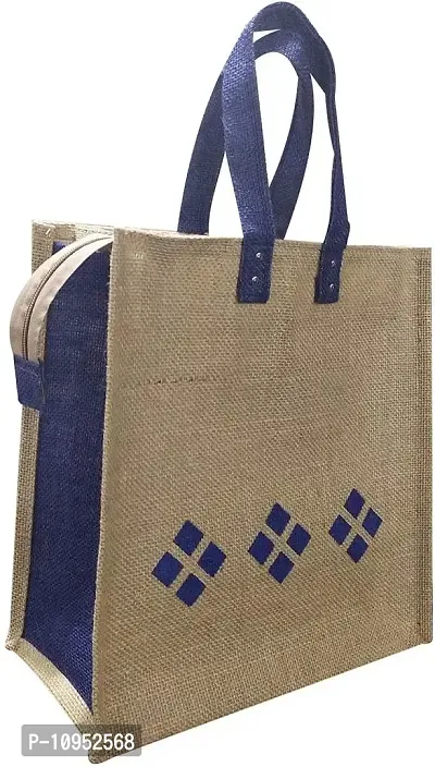 Dasvilla Lunch Box Jute Bag with Zip & Bottle Holder||Tiffin Bags for Office Men & Women||for Outing & Travelling||Blue Beige