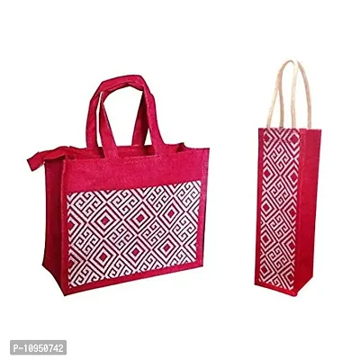 Dasvilla Bags 100% Biodegradable Stylist Jute Lunch and Water Bottle Bag Combo (Design 1)-thumb0