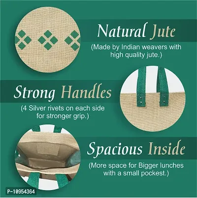 Dasvilla Lunch Box Jute Bag with Zip & Bottle Holder||Tiffin Bags for Office Men & Women||for Outing & Travelling||Green Beige-thumb2