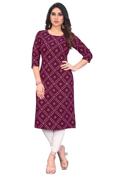 Tymlos Women's Bandhani Printed Crepe Ethnic Wear 3/4 Sleeve Round Neck Latest Kurti Pajama & Dupatta Set (D_C_47879)