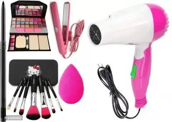 VELORA KajalHair Straightener 6155 Makeup Professional Set of 7 Makeup BrushPuff Hair Dryer (6 Items in the set)