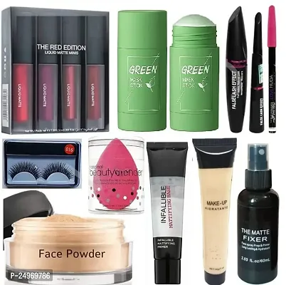 VELORA Combo Green Mask Stick, Primer, Eyeliner, Mascara, Eyebrow Pencil, Red Edition lipstick, Makeup Hidratante, Eyelashes,Fixer, Loose Face Powder With Makeup Blender Set Of 14 Matte Finish