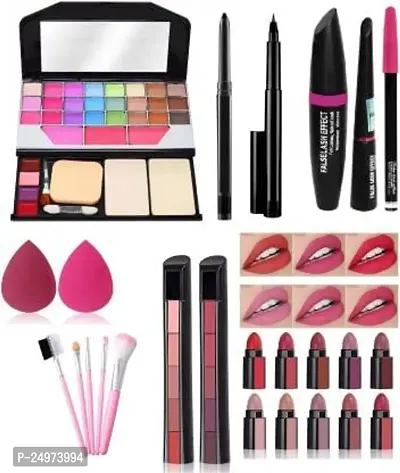 VELORA Face makeup combo (Makeup Palette + 5 Pc Makeup brush Set +2Kajal +2 Eye Liner + Mascara+ 5In 1 Nude + Red Lipstick+2Puff) (15 Items in the set)