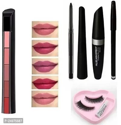 VELORA 5 In1 Creamy Matte Lipsticks  Insta Eyeliner + Curly Mascara + Iconic Kajal + Eyebrow Pencil (4in1)  Eyelashes +glue Set (6 Items in the Set)