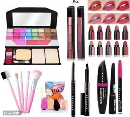 VELORA Face combo (Makeup Palette+5 Pc Makeupbrush+ 2Kajal+2Liner +Mascara + 6 Pc Puff + 5In1 Red+Nude Lipstick) (10 Items in the set)
