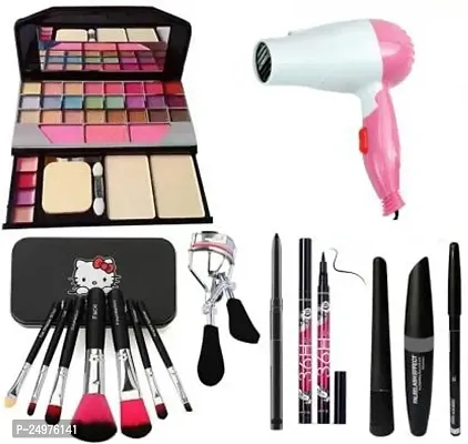 VELORA Kajal,3in1Combo set,36h Eyeliner,Curler,Set of 7Brushes,Makeup kit,Foldable l Dryer (9 Items in the set)