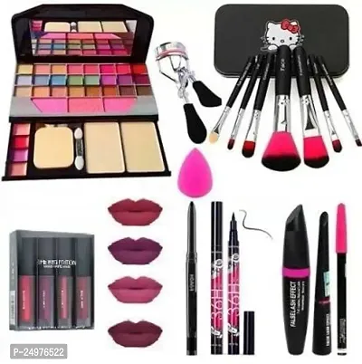 VELORA Makeup Kit,7 Brush Set,Curler,Puff,4 Lipstick,3 In1 Mascara Combo,Eyeliner,Kajal (8 Items in the set)-thumb0